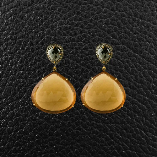 handmade earrings for women -Citrine & Black Diamond Dangle Earrings