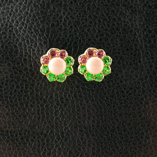 double hoop earrings for women -Coral, Pink Tourmaline & Green Garnet Flower Earrings