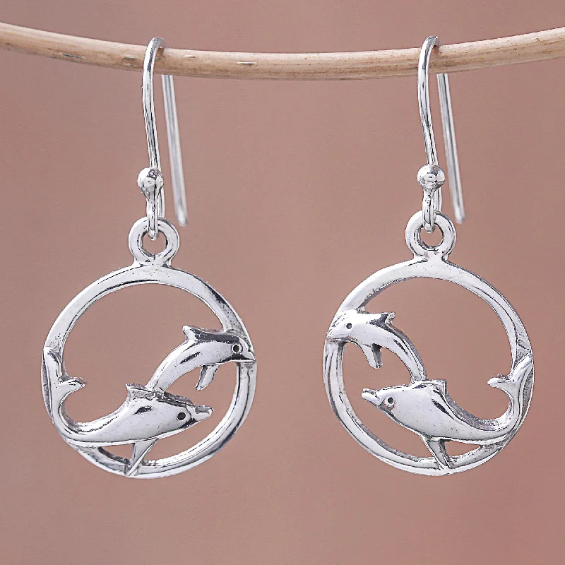 silver hoop earrings for men -Dolphin Circle Sterling Silver Dolphin Dangle Earrings from Thailand