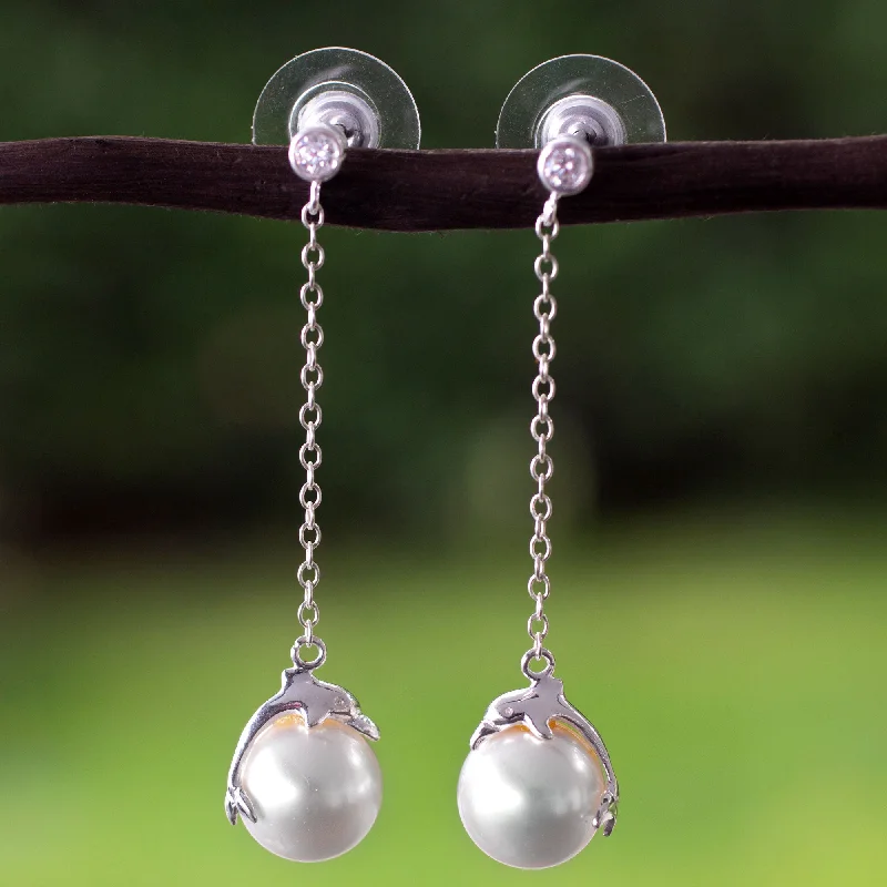 fashion statement earrings for women -Dolphin Delight Mexican Handcrafted Sterling Silver and Faux Pearl Earrings