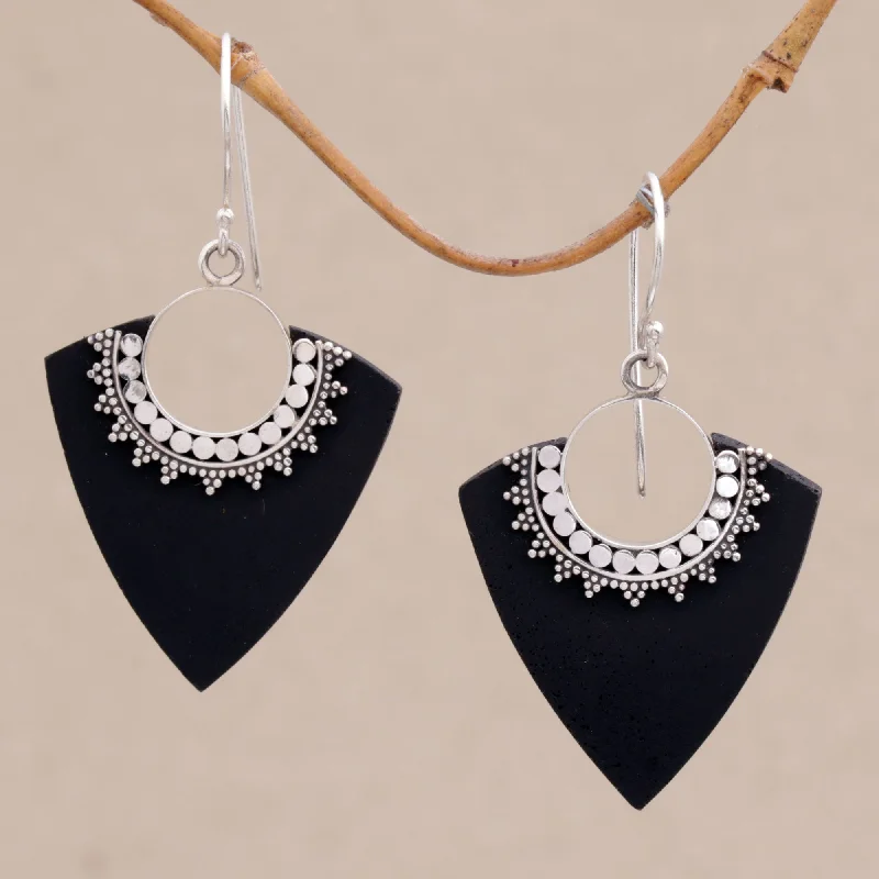 luxury gold earrings for women -Dotted Arrows Sterling Silver and Lava Stone Pointed Earrings from Bali