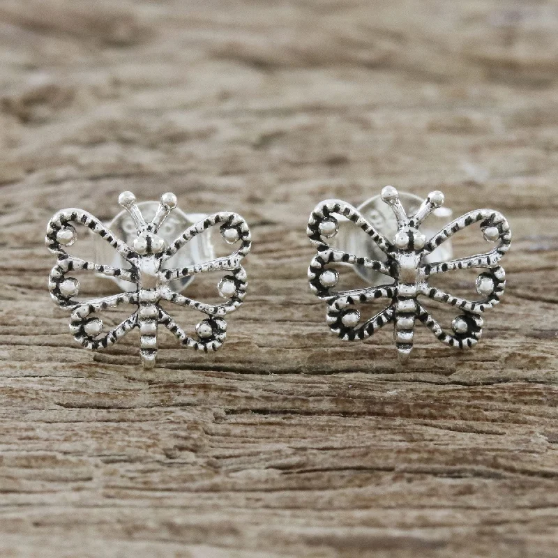 handmade tassel earrings for women -Dotted Butterflies Openwork Butterfly Sterling Silver Stud Earrings