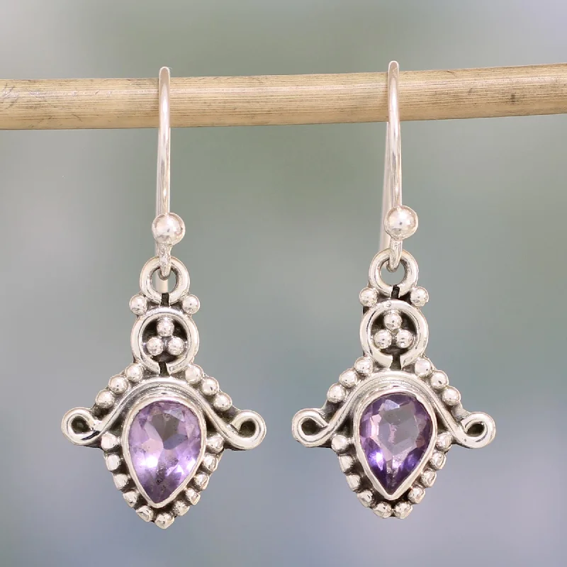 crescent moon earrings for women -Dotted Delight Amethyst and Sterling Silver Teardrop Earrings from India