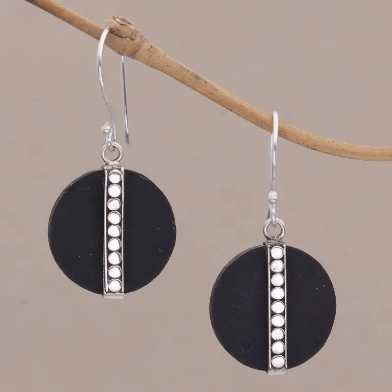 vintage chandelier earrings for women -Dotted Discs Dot Motif Lava Stone and Sterling Silver Earrings from Bali