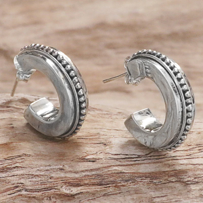 tiny stud earrings for second piercing -Dotted Horseshoes Sterling Silver Semicircle Half-Hoop Earrings from Indonesia