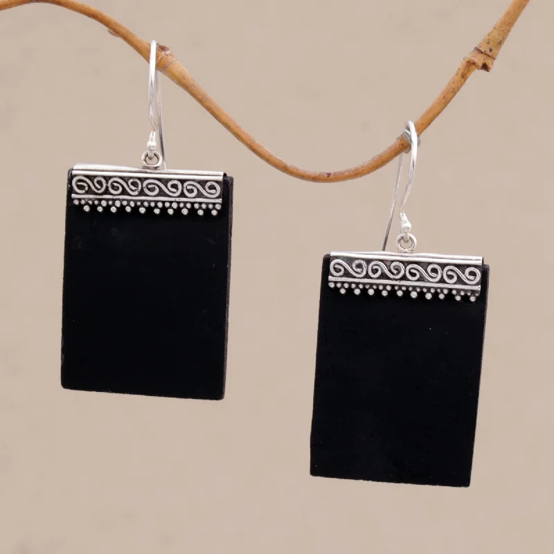 bohemian style earrings for women -Dotted Walls Sterling Silver and Lava Stone Rectangular Earrings