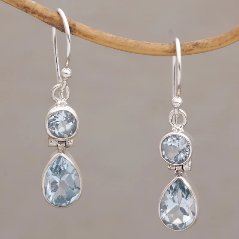 silver dangle earrings for parties -Double Drops Blue Topaz & Silver Dangle Earrings