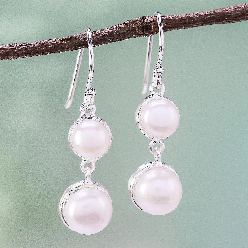 luxury diamond stud earrings -Double Moons Dangle Earrings with White Cultured Pearls from Thailand