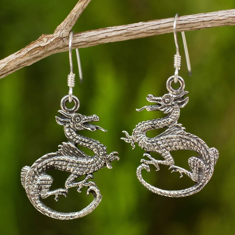 statement earrings for women -Dragon Duet Sterling Silver Dangle Earrings