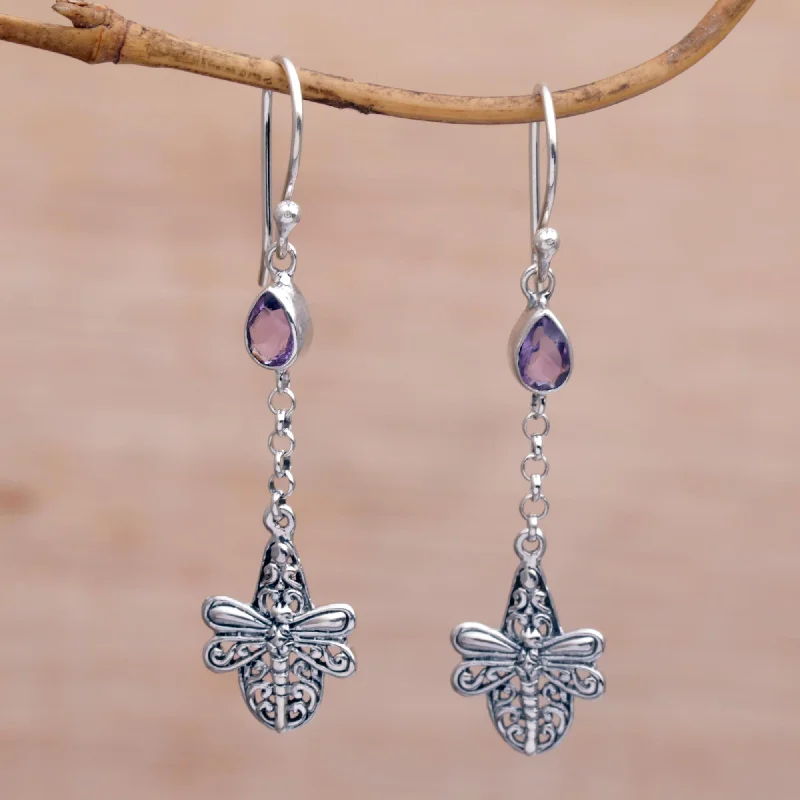 pearl drop earrings for bridesmaids -Dragonfly Altar Handmade 925 Sterling Silver Amethyst Dragonfly Earrings