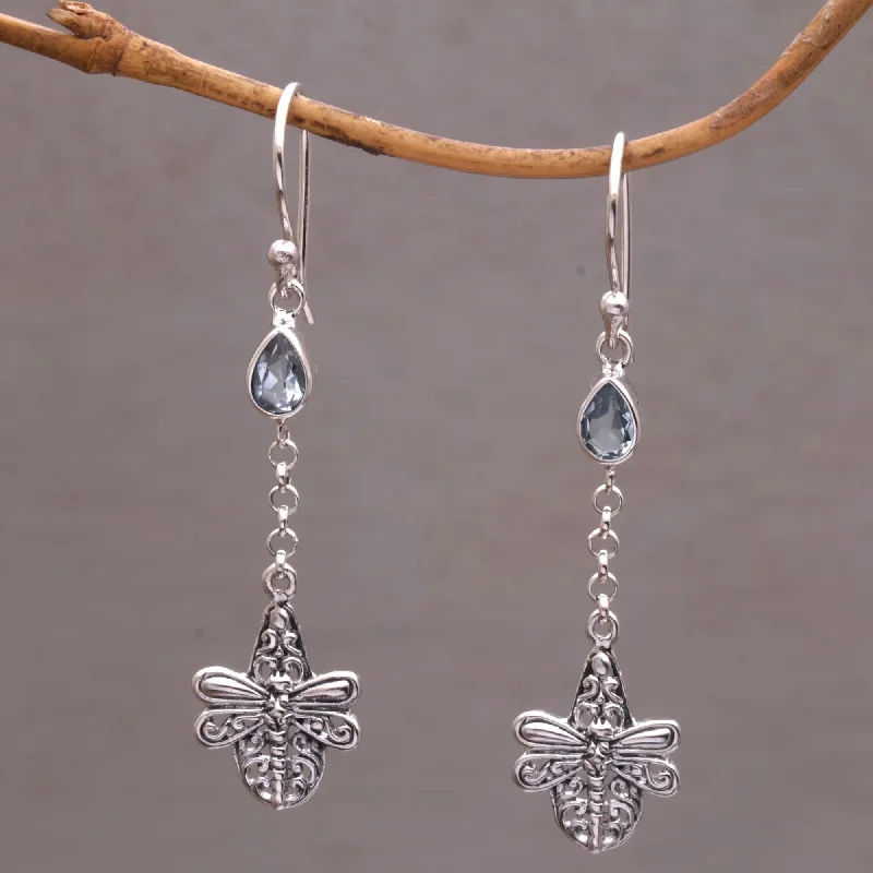 gold chain earrings for women -Dragonfly Altar Handmade 925 Sterling Silver Blue Topaz Dragonfly Earrings