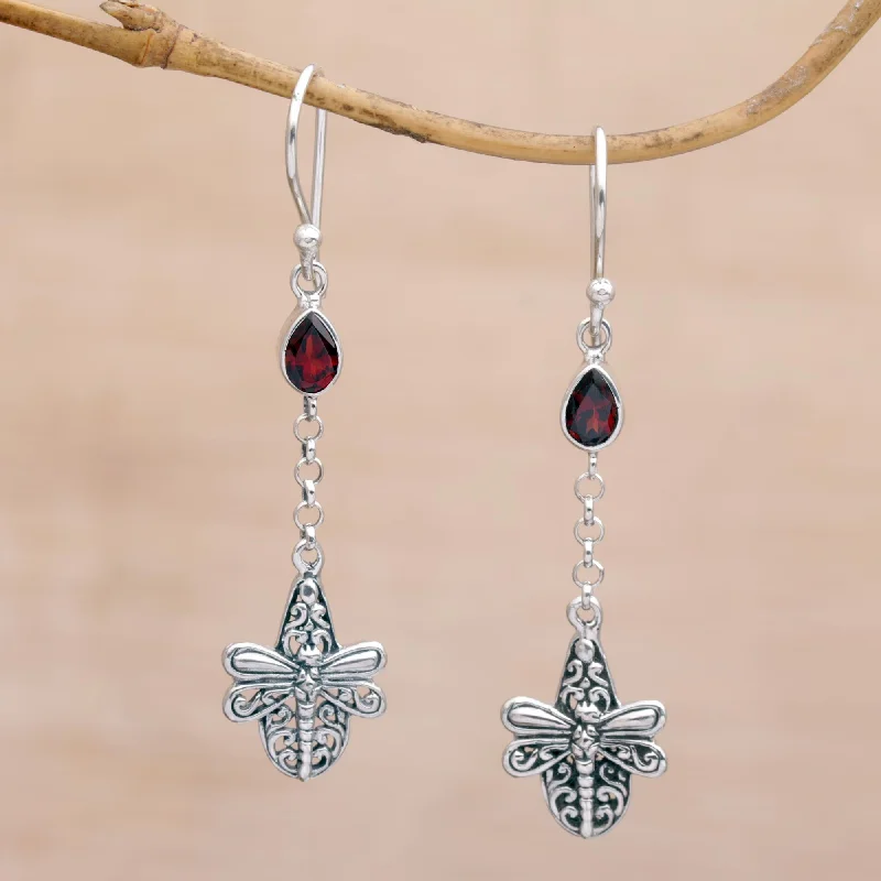 sterling silver hoop earrings -Dragonfly Altar Handmade 925 Sterling Silver Garnet Dragonfly Earrings