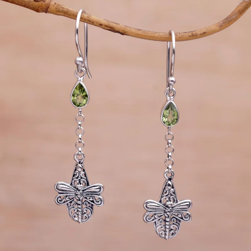 emerald earrings for women -Dragonfly Altar Handmade 925 Sterling Silver Peridot Dragonfly Earrings