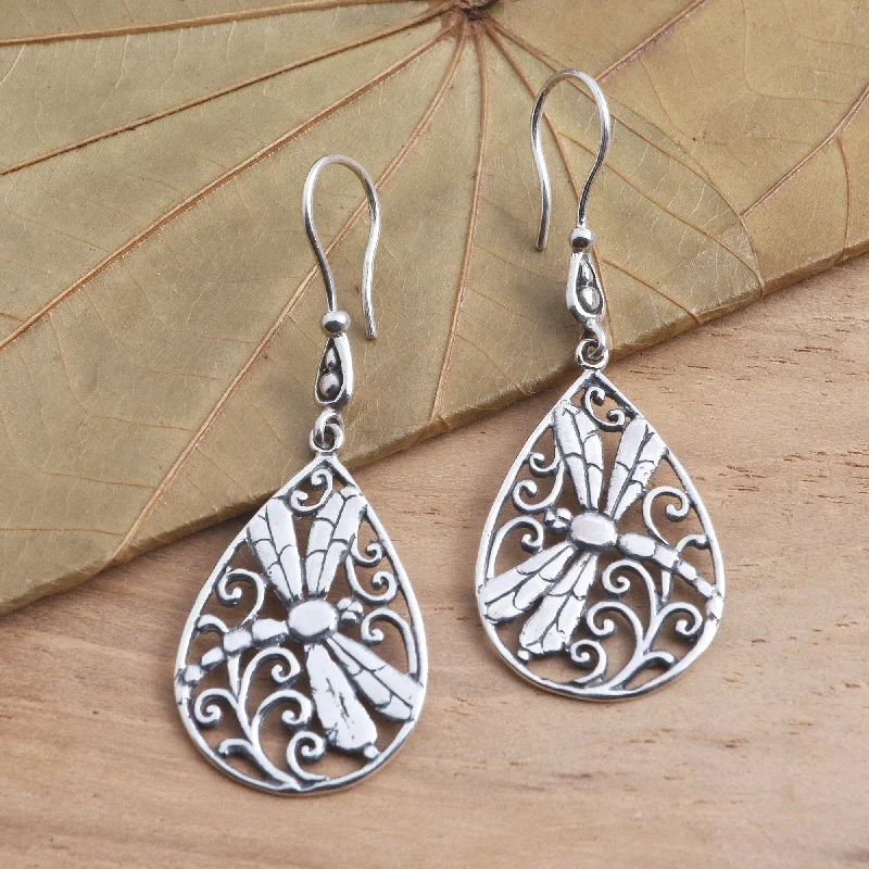 statement pearl earrings for weddings -Dragonfly Breeze Dragonfly Sterling Silver Earrings from Bali