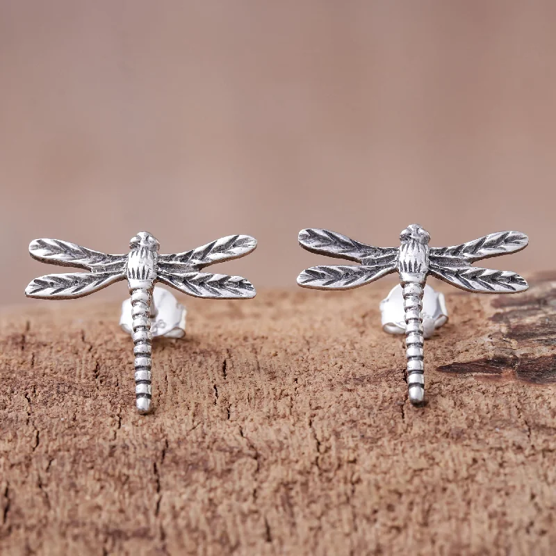 crescent moon earrings for women -Dragonfly Buzz Sterling Silver Dragonfly Button Earrings from Thailand