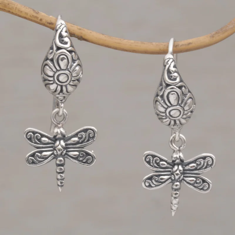 custom name hoop earrings -Dragonfly Delight Handmade Balinese Sterling Silver Dragonfly Dangle Earrings