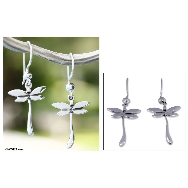 dainty huggie earrings for layering -Dragonfly Mystery Sterling Silver Earrings