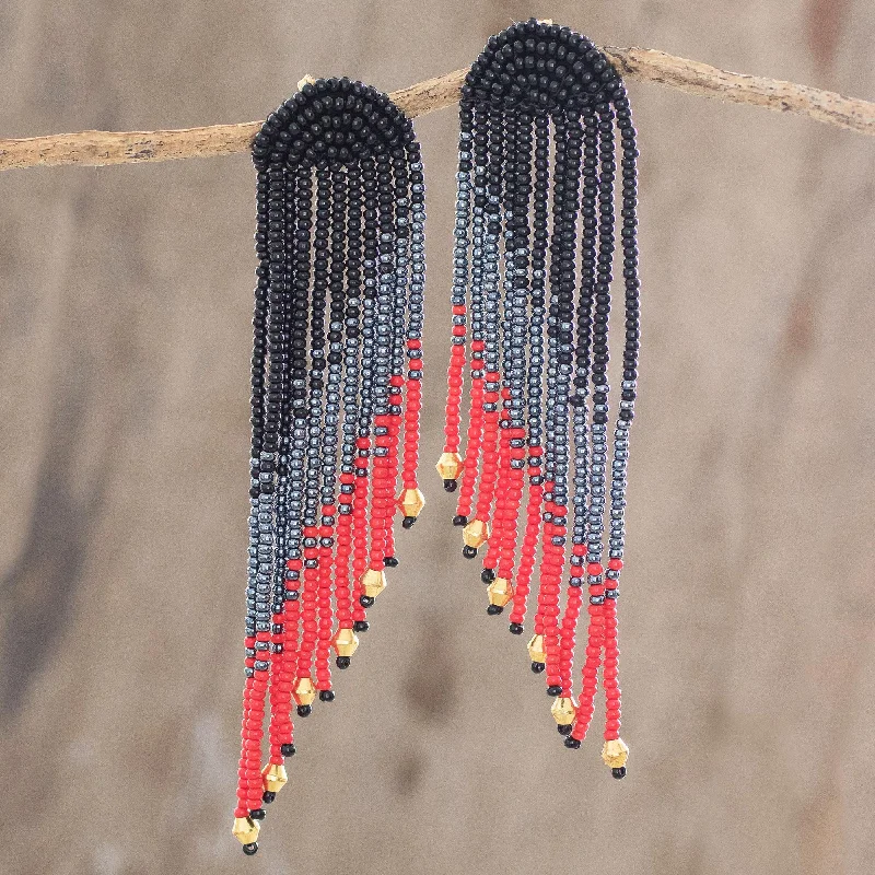 handmade gold earrings for women -Dramatic Cascade Long Beaded Waterfall Earrings in Black, Grey and Red