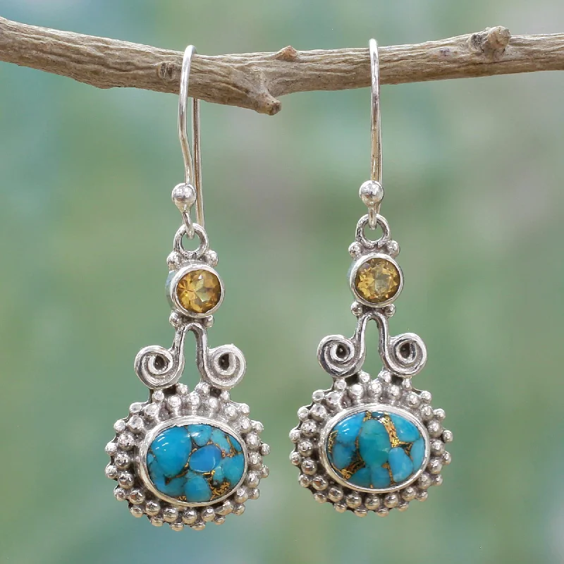 gold hoop earrings for women -Dream Drops Citrine and Composite Turquoise Earrings Handmade in India