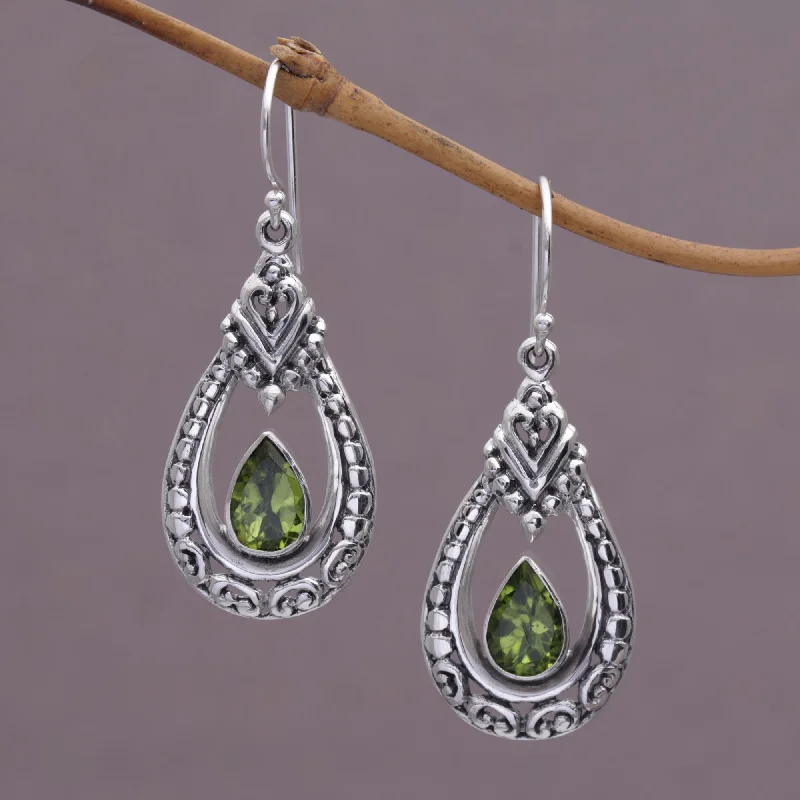 fashion statement earrings for women -Drop of Green Peridot & Silver Dangle Earrings