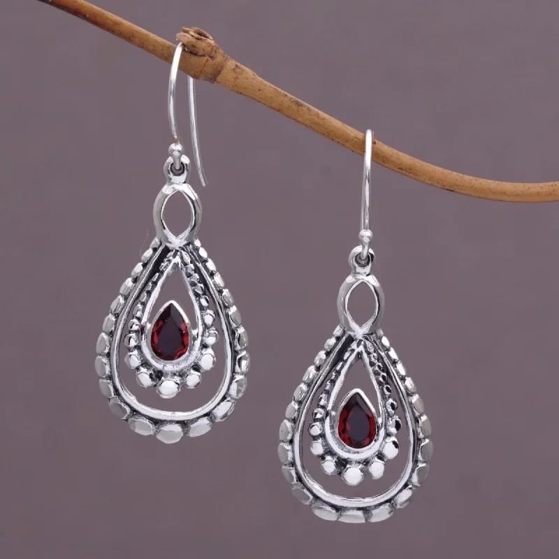 sterling silver hoop earrings -Drop of Red Garnet Dangle Earrings