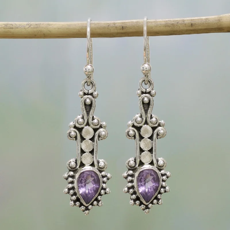 sapphire stud earrings for women -Droplet Dreams Sterling Silver and Teardrop Amethyst Earrings from India