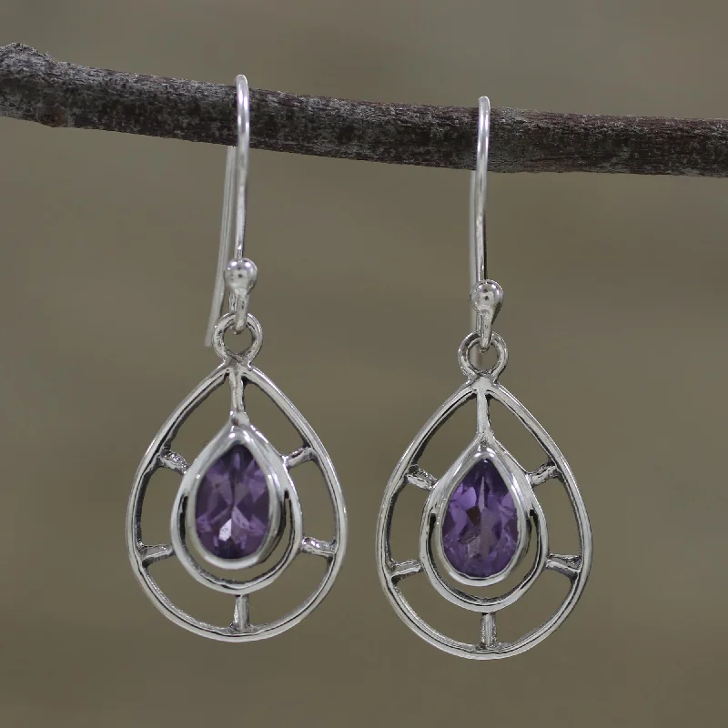 layered dangle earrings for women -Droplet Spokes Faceted Amethyst Droplet Dangle Earrings from India