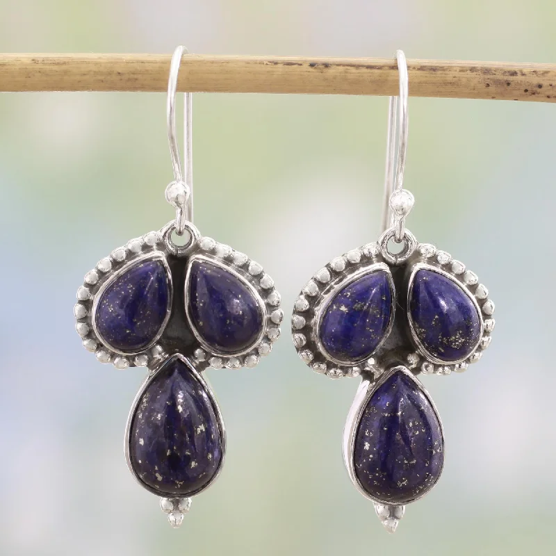 crystal hoop earrings for women -Droplet Trios Lapis Lazuli and Sterling Silver Dangle Earrings from India