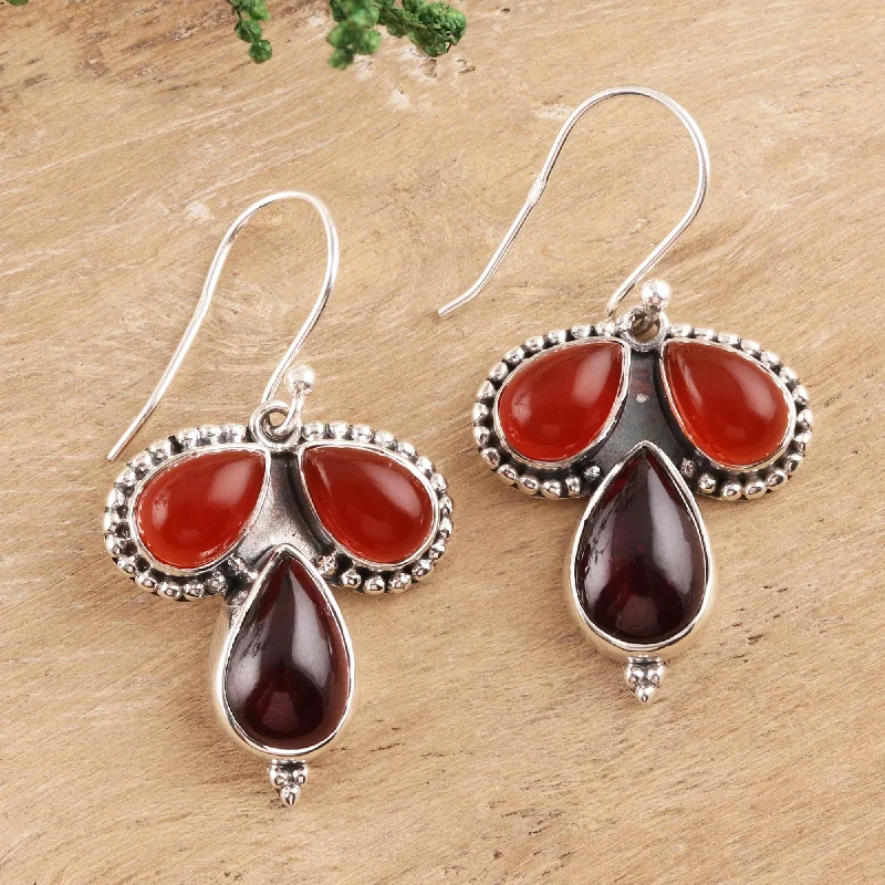 delicate pearl stud earrings -Droplet Trios Teardrop Carnelian and Garnet Dangle Earrings from India