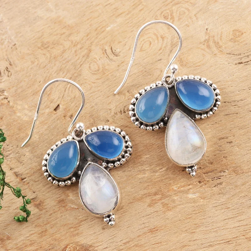 gold drop earrings for women -Droplet Trios Teardrop Chalcedony and Rainbow Moonstone Dangle Earrings