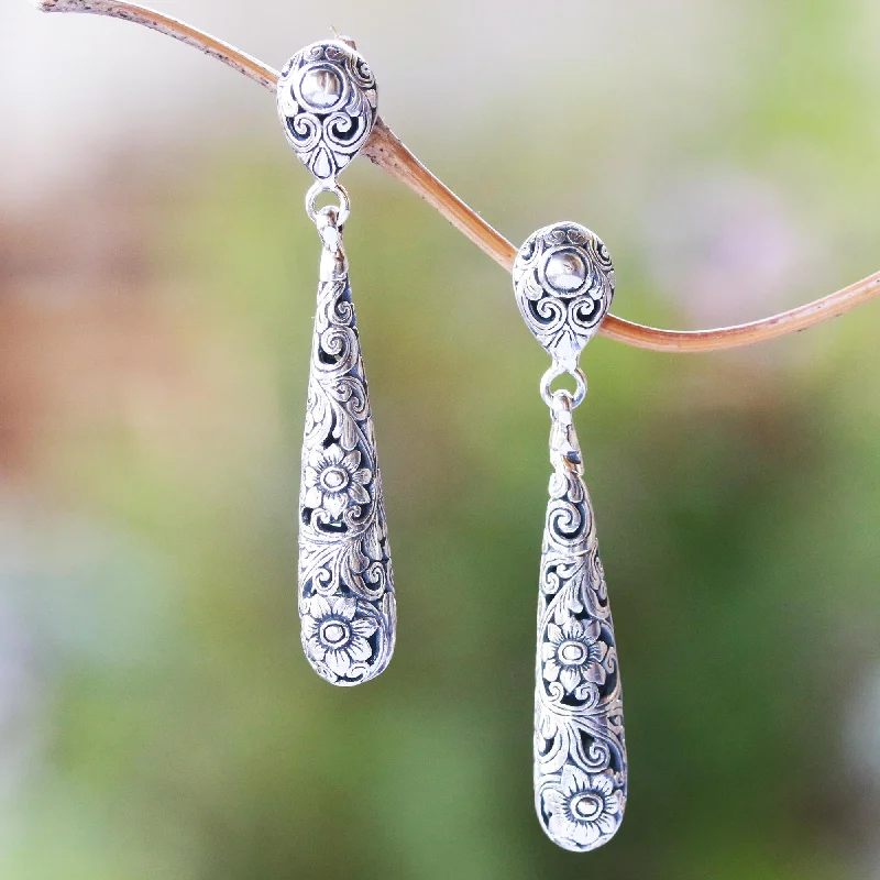 dainty gold stud earrings -Drops from the Garden Drop-Shaped Floral Sterling Silver Dangle Earrings from Bali