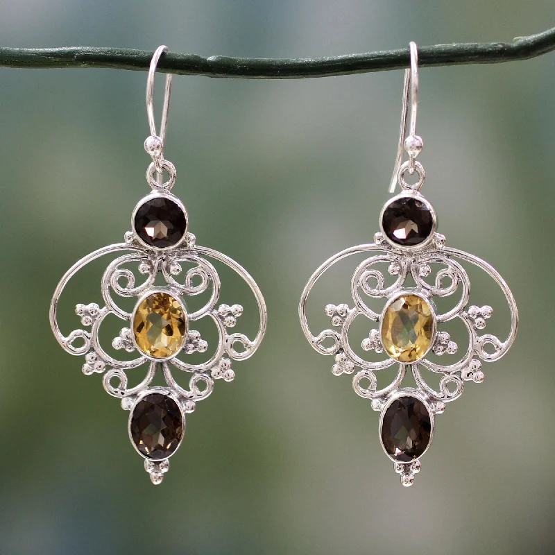 vintage chandelier earrings for women -Dusk Arabesque Indian Sterling Silver Earrings with Smoky Quartz & Citrine