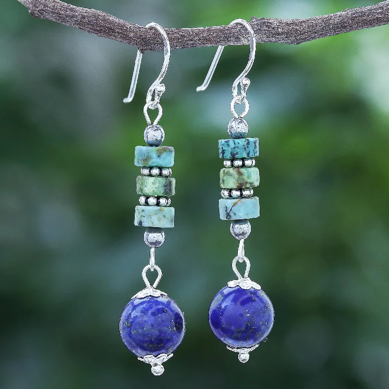 delicate pearl stud earrings -Earth Orbit Handmade Lapis Lazuli and Hematite Dangle Earrings