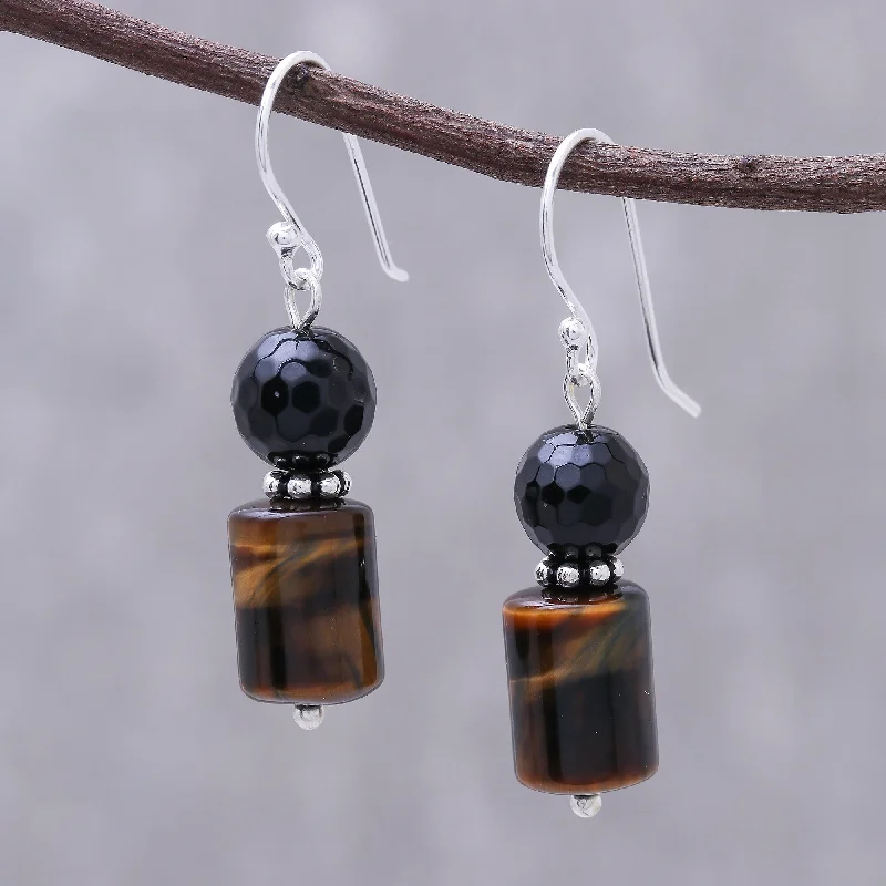 luxury gold earrings for women -Earthen Marvel Onyx and Tiger's Eye Dangle Earrings from Thailand