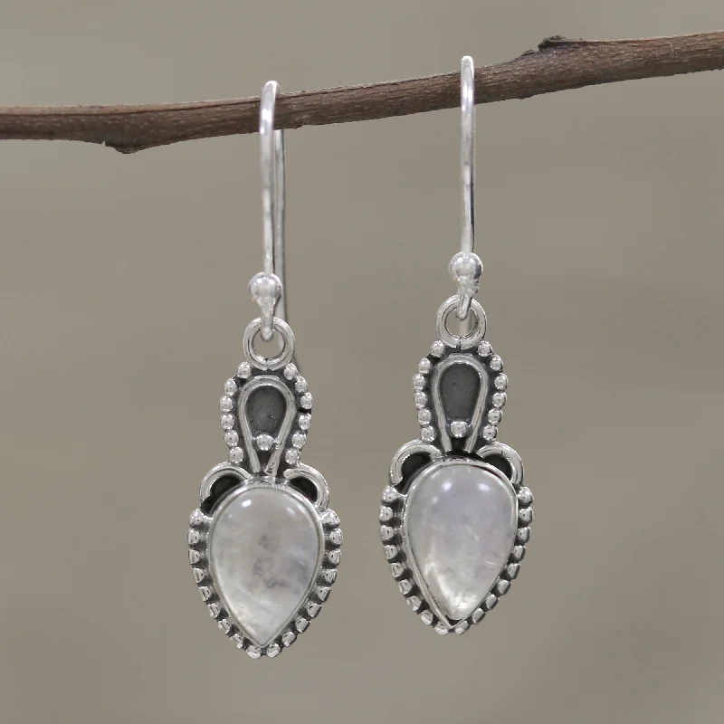 handmade tassel earrings for women -Earthly Crown Rainbow Moonstone Cabochon and Sterling Silver Earrings