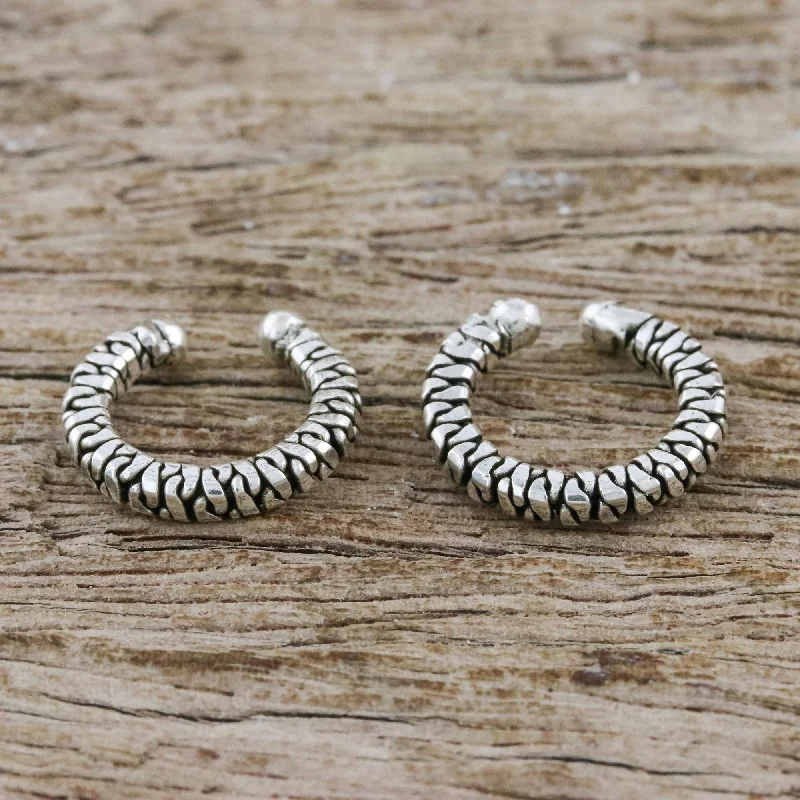 birthstone stud earrings for women -Earthy Braid Pair of Thai Sterling Silver Ear Cuff Earrings