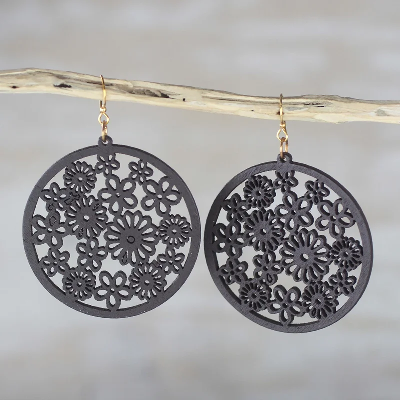 tassel earrings for women -Ebony Bouquet Handcrafted Ebony Wood Floral Motif Circle Dangle Earrings