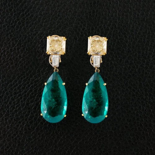 vintage clip earrings for non-pierced ears -Emerald & Yellow Diamond Drop Earrings