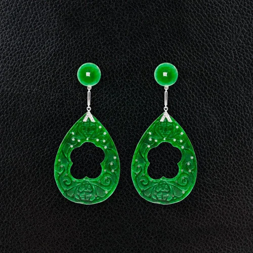 floral design earrings for women -Jade & Diamond Dangle Earrings