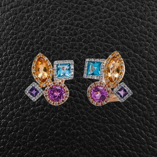 teardrop earrings for women -Multi-color Gemstones & Diamond Earrings