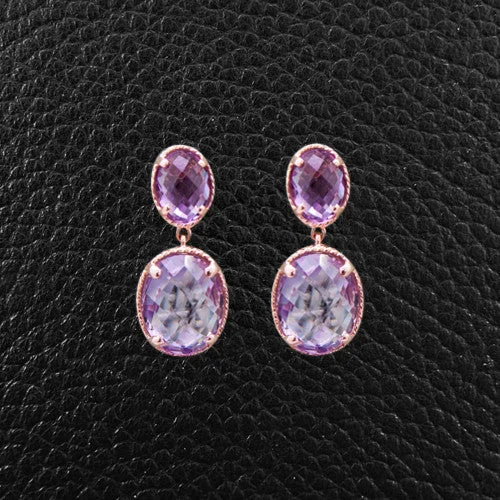 rose gold earrings for women -Oval Amethyst Dangle Earrings