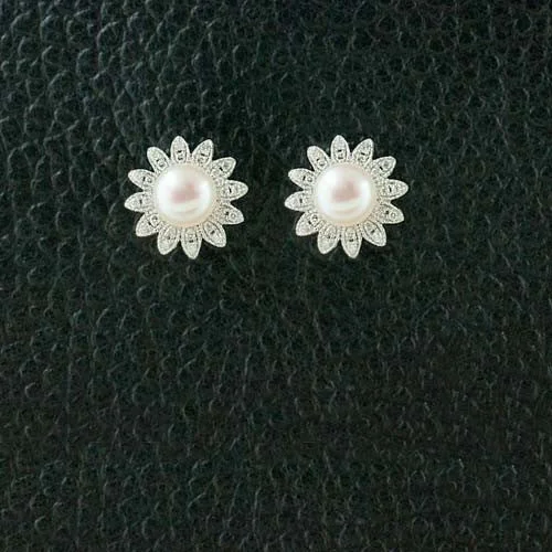 dainty huggie earrings for layering -Pearl & Diamond Flower Earrings