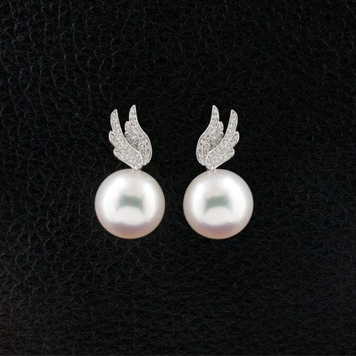 birthstone earrings for moms -Pearl & Diamond Wing Earrings