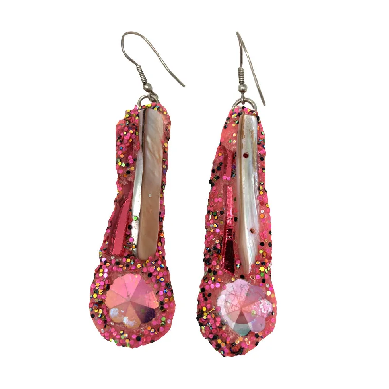 crystal hoop earrings for women -PINK WITH SHELL PENDANT EARRINGS