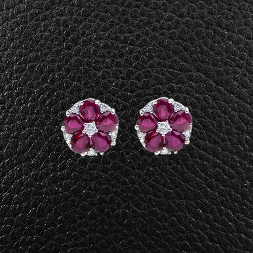 diamond cluster earrings for women -Ruby & Diamond Cluster Earrings