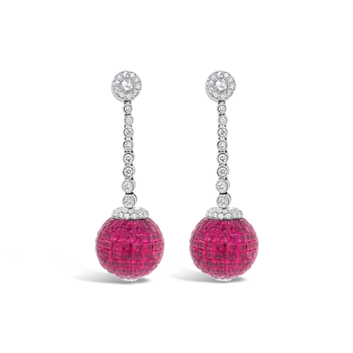 bohemian style earrings for women -Ruby & Diamond Dangle Ball Earrings