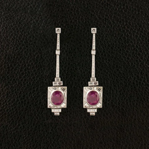 floral design earrings for women -Ruby & Diamond Dangle Estate Earrings