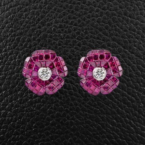 ruby drop earrings for women -Ruby & Diamond Flower Earrings