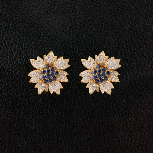 handmade earrings for women -Sapphire & Diamond Estate Flower Earrings