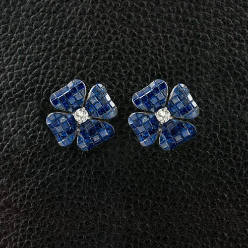 sapphire drop earrings for women -Sapphire & Diamond Flower Earrings